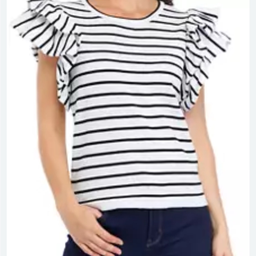 Crown & Ivy, Nwt Striped Ruffle Sleeve Top - Black And White